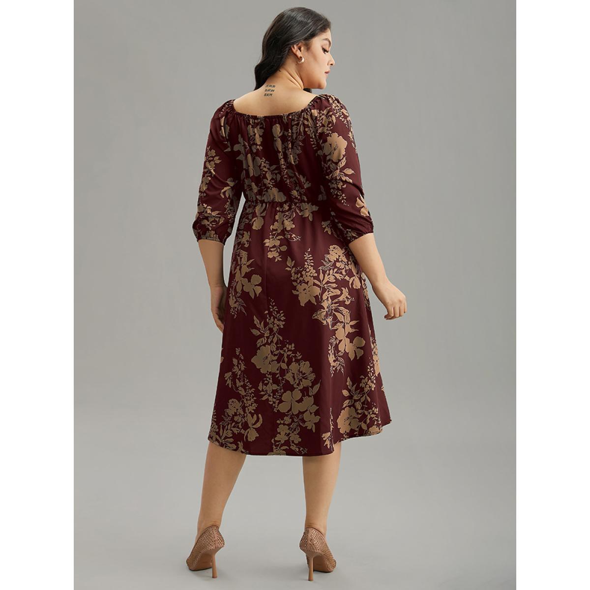 Plus Size Silhouette Floral Print Elastic Cuffs Dress Scarlet Women Timeless Elastic cuffs Square Neck Elbow-length sleeve Curvy Midi Dress BloomChic 22-24/3X Product Image