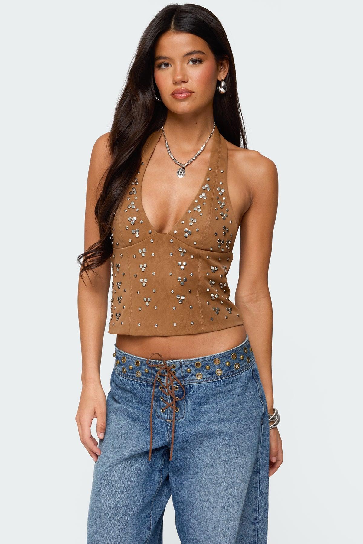 Xaria Studded Faux Suede Halter Top Product Image