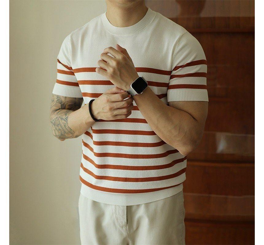 Short-Sleeve Crew Neck Striped Knit Top Product Image