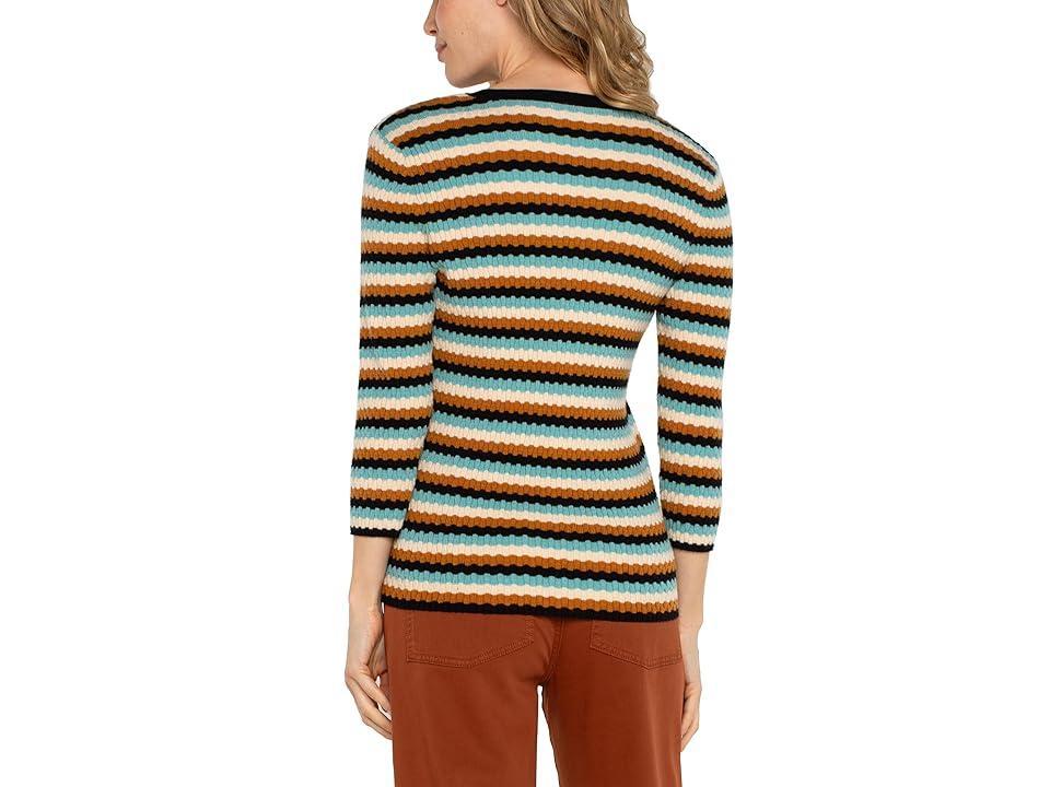 Liverpool Los Angeles 3/4 Sleeve V Neck Sweater (Ocean Multistripe) Women's Sweater Product Image