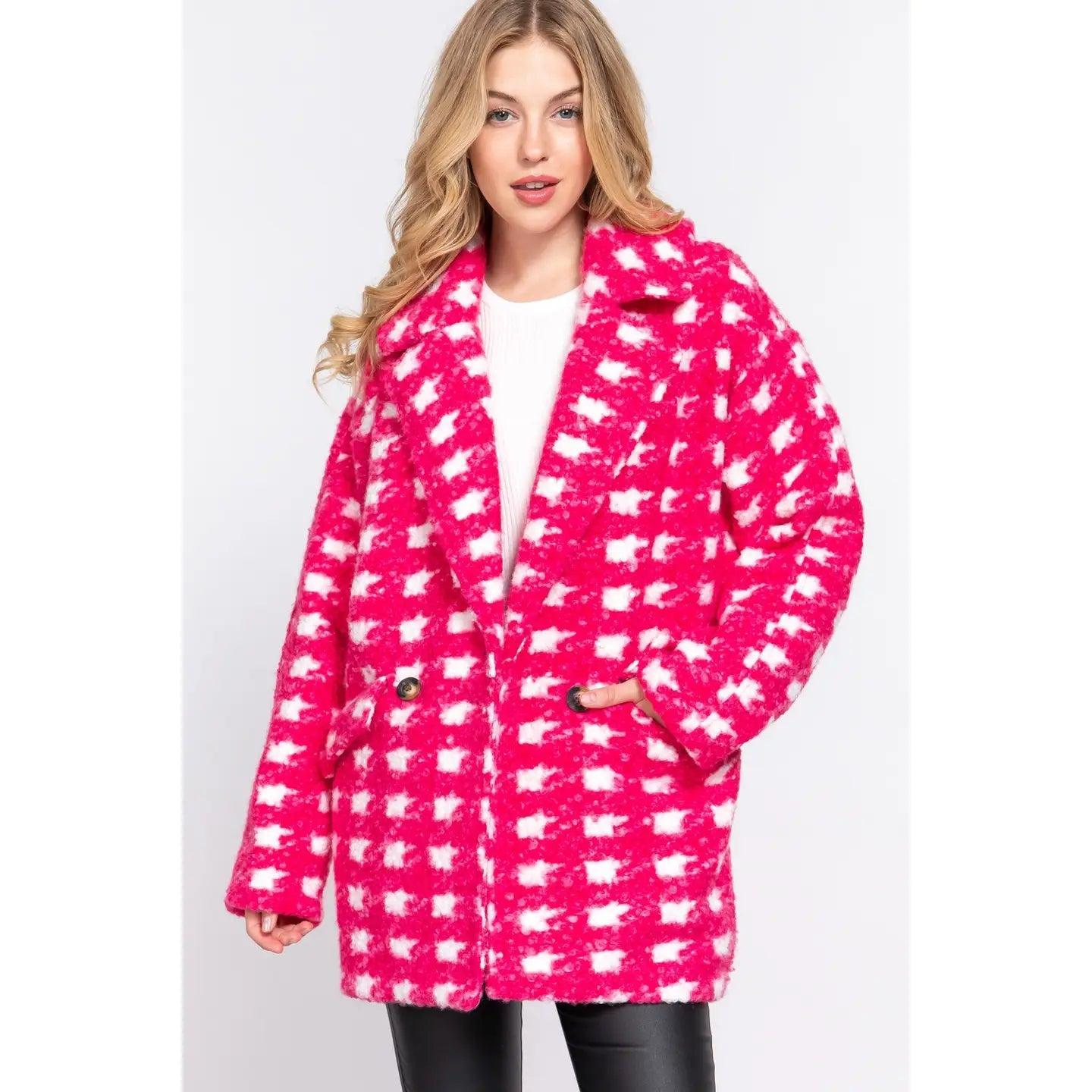 Women's Long Sleeve Double Breasted Fuschia Pink Check Print Boucle Fleece Coat Female Product Image