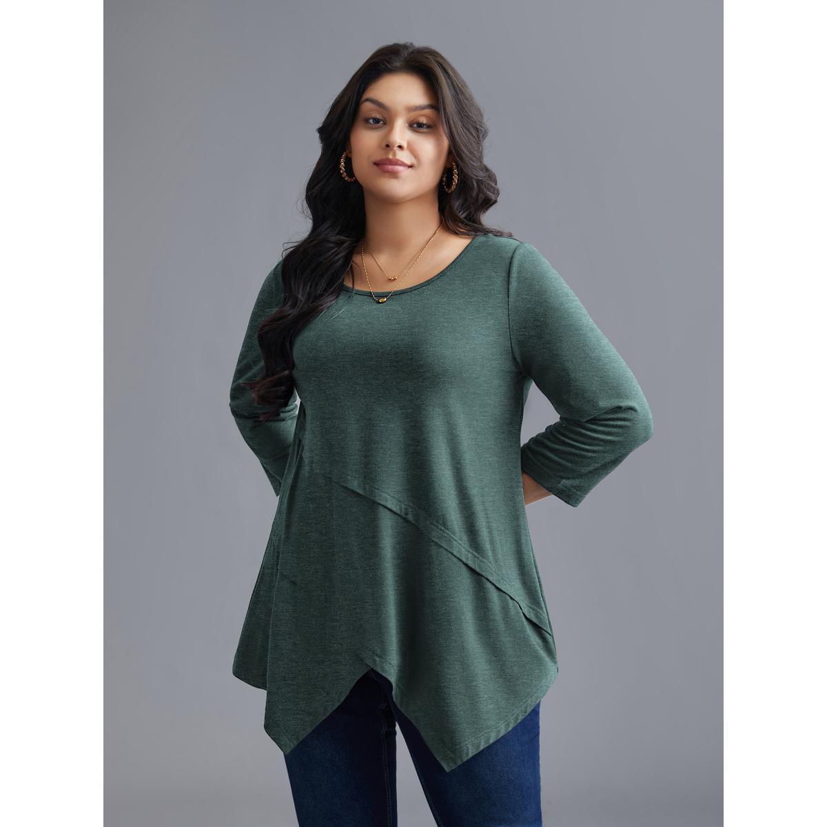 Plus Size Asymmetrical Hem Overlap Long T-shirt DarkSlateGray Women Elegant Tucked seam Round Neck Loose Everyday T-shirts BloomChic 28/5X Product Image