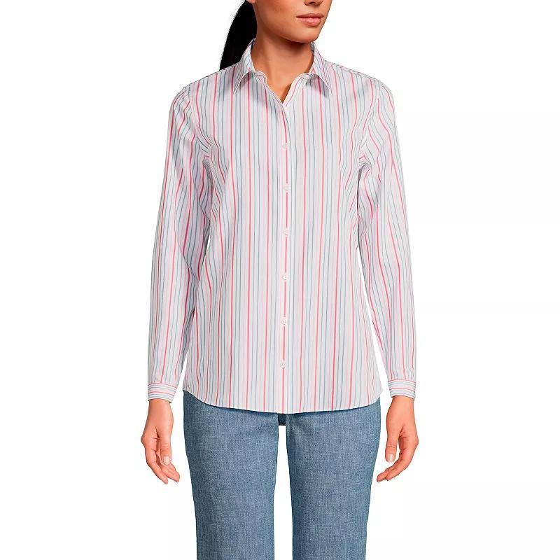 Petite Lands End No Iron Supima Cotton Long Sleeve Shirt, Womens Green Wide Stripe Product Image