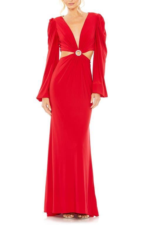 Mac Duggal Womens Jersey Puff Sleeve Cut Out Column Gown Product Image