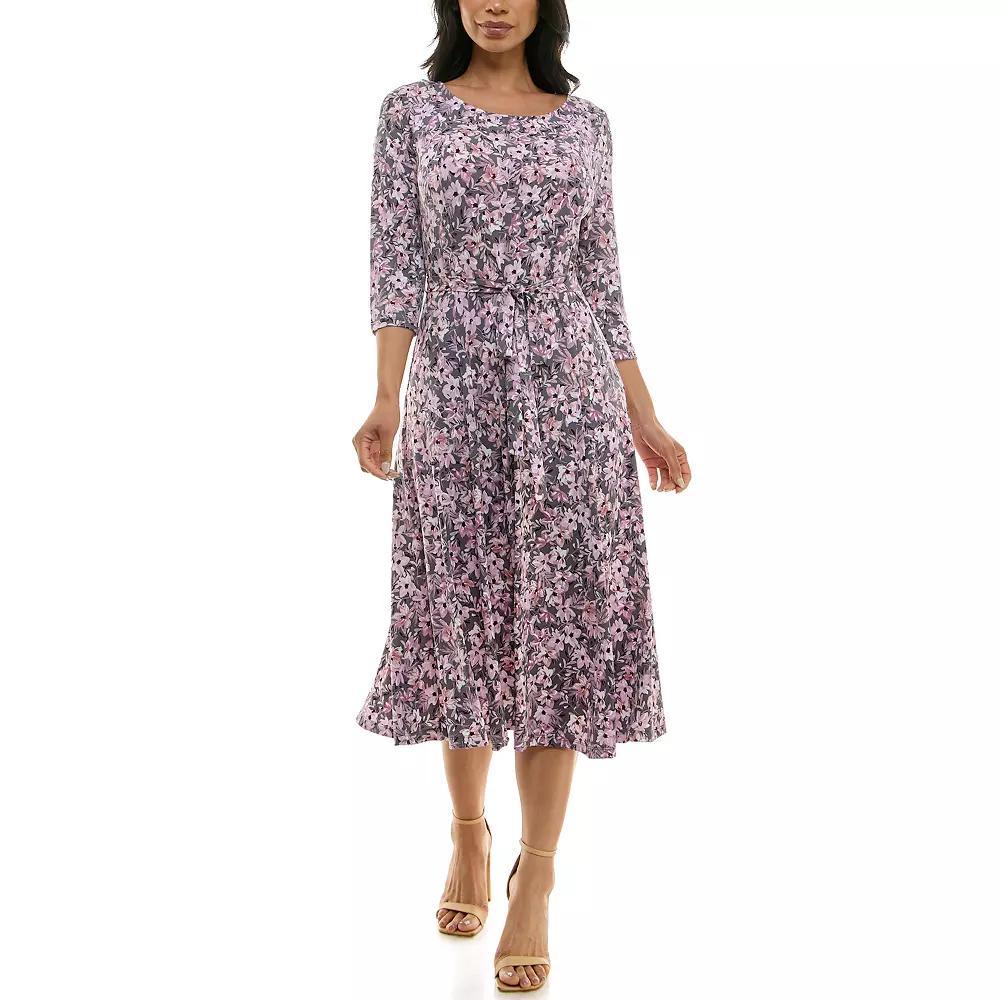 Women's Nina Leonard Belted 3/4 Sleeve Print Midi Dress, Size: Large, Gray Team Product Image