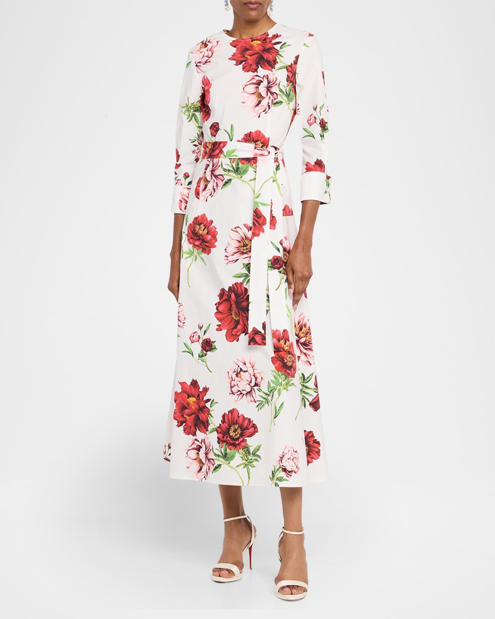 Peony-Print Poplin 3/4-Sleeve Midi Day Dress Product Image