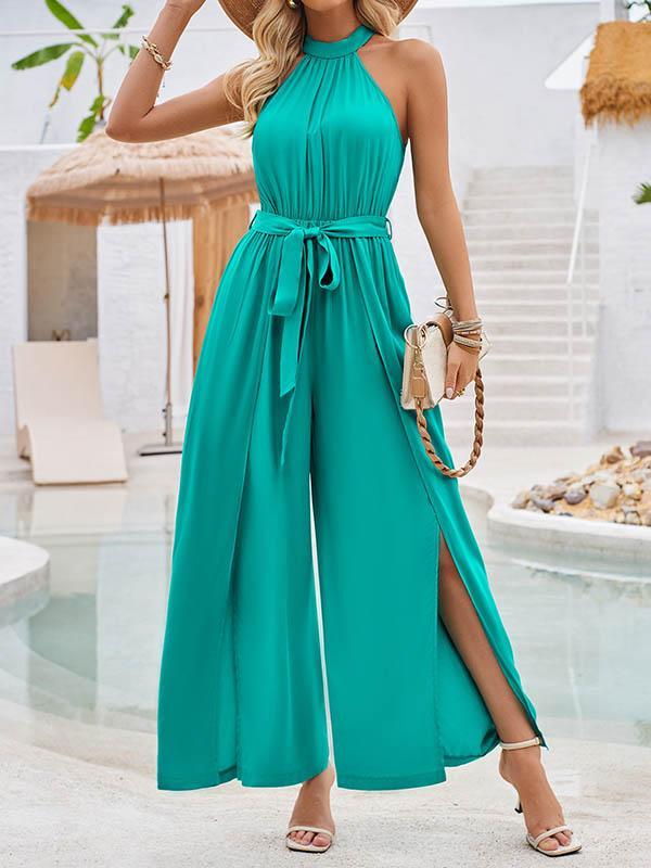 High Waisted Loose Pleated Solid Color Split-Front Tied Waist Halter-Neck Jumpsuits Product Image