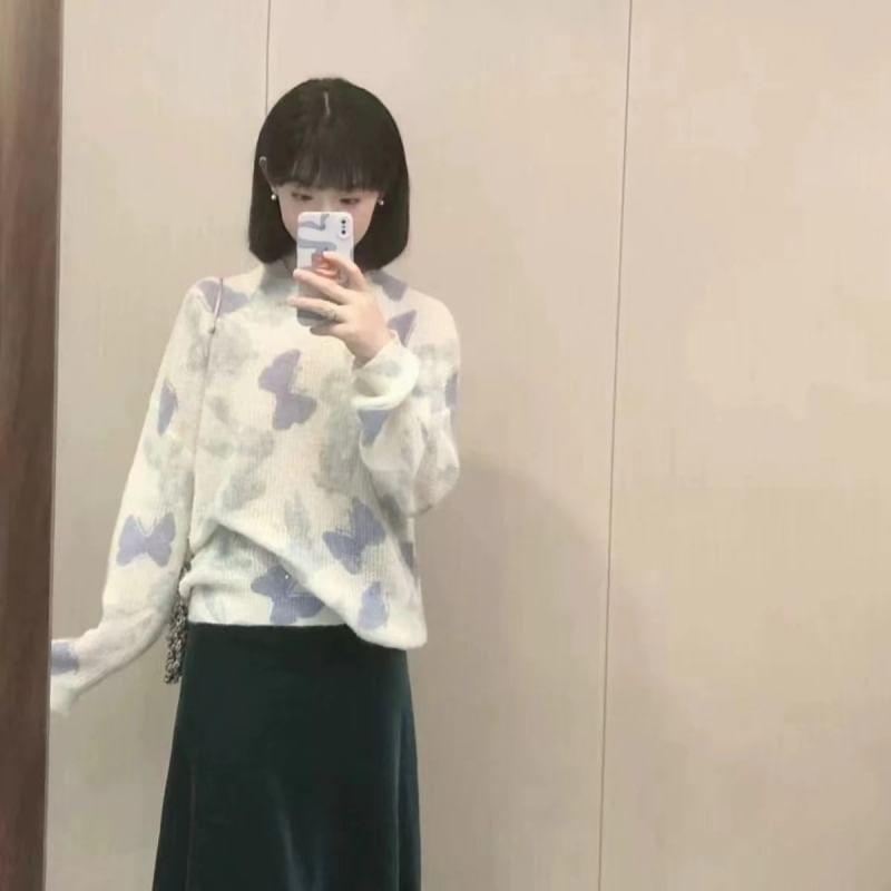 Crewneck Butterfly Jacquard Sweater / Midi A-Line Skirt / Set Product Image