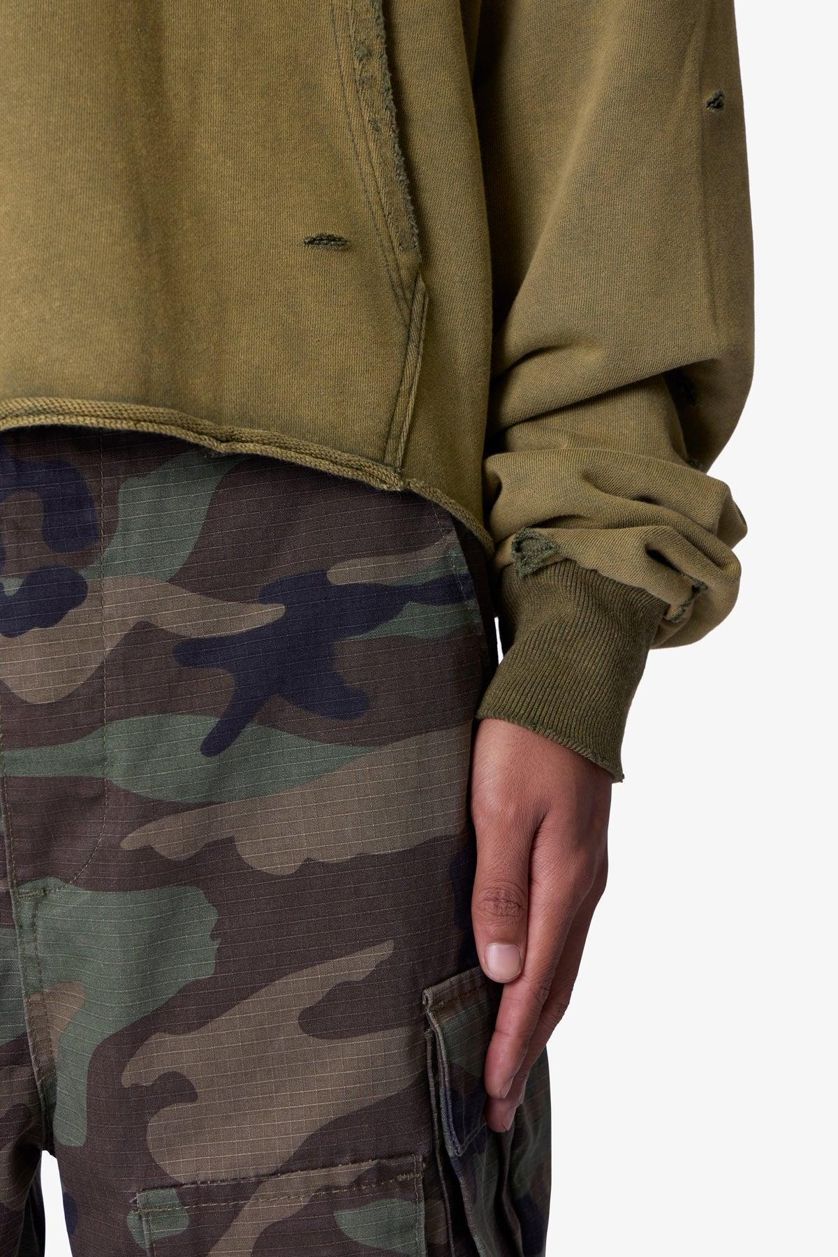 Destroyed V Neck Hoodie - Washed Olive Product Image