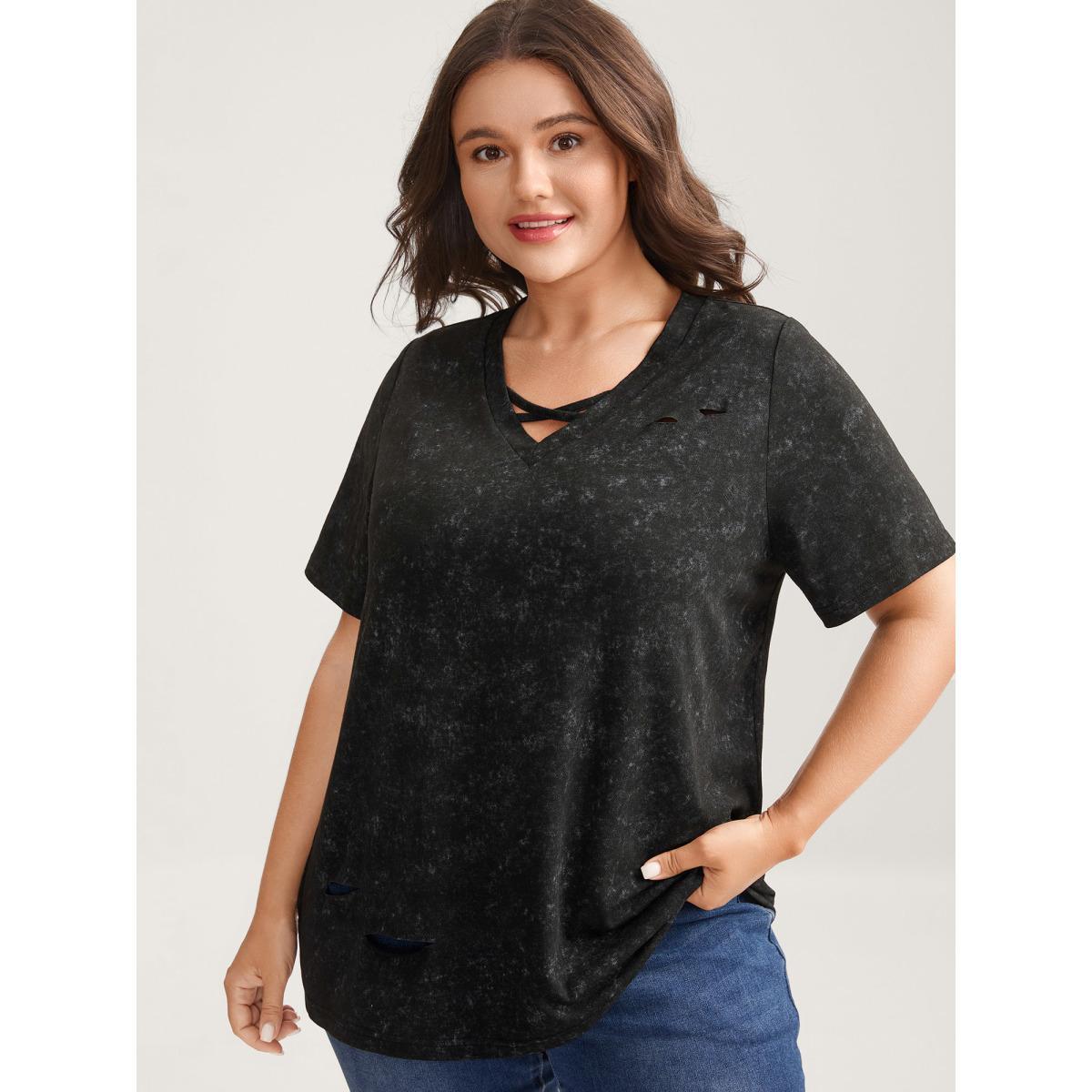 Plus Size Vintage Cut-Out Solid T-Shirt Black Women Distressed V-neck Everyday-Casual T-shirts BloomChic 18-20/2X Product Image