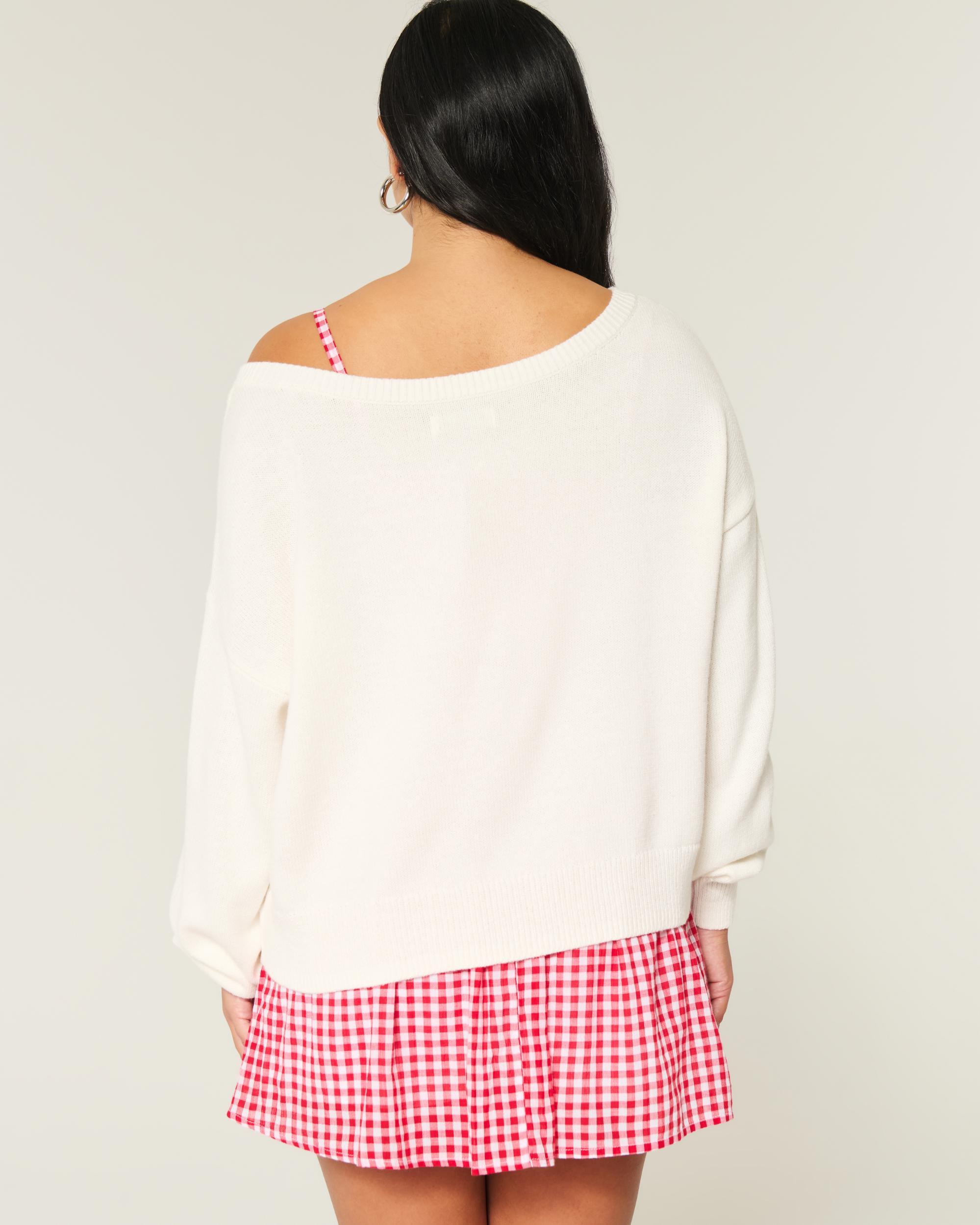 Easy Off-the-Shoulder Heart Flag Graphic Sweater Product Image