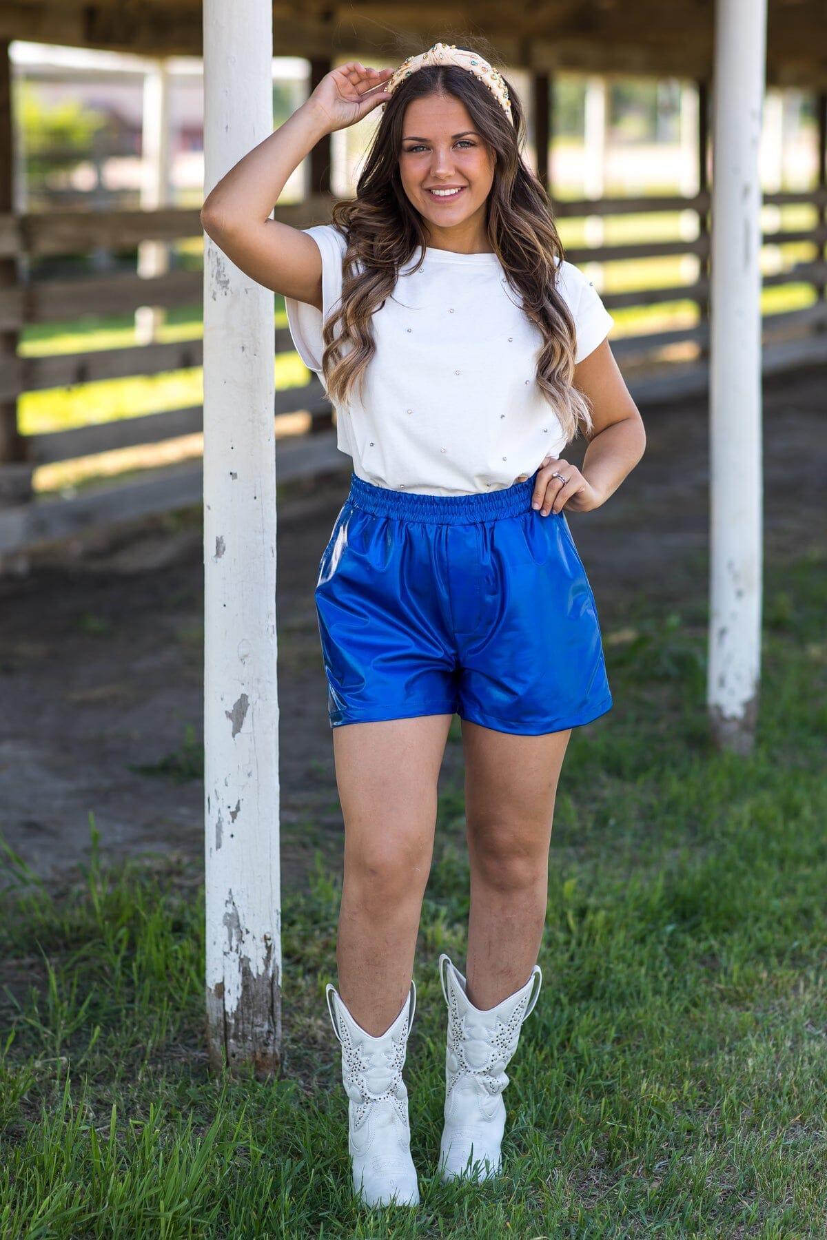 Blue Metallic Elastic Waist Shorts Product Image
