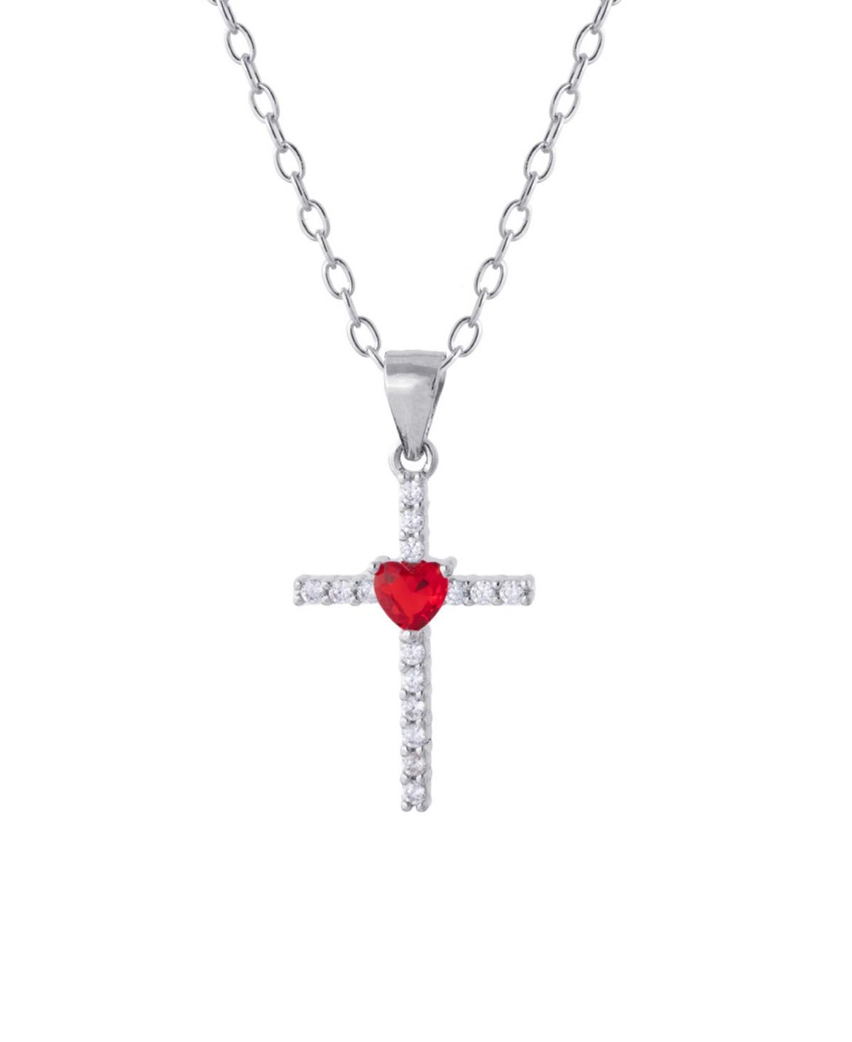 Main and Sterling Sterling Silver Cubic Zirconia Cross & Colored Glass Heart Necklace, Womens Sterling Red Product Image