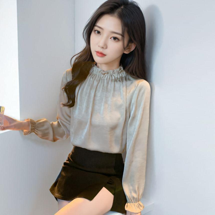 Long-Sleeve Plain Frill Trim Blouse Product Image