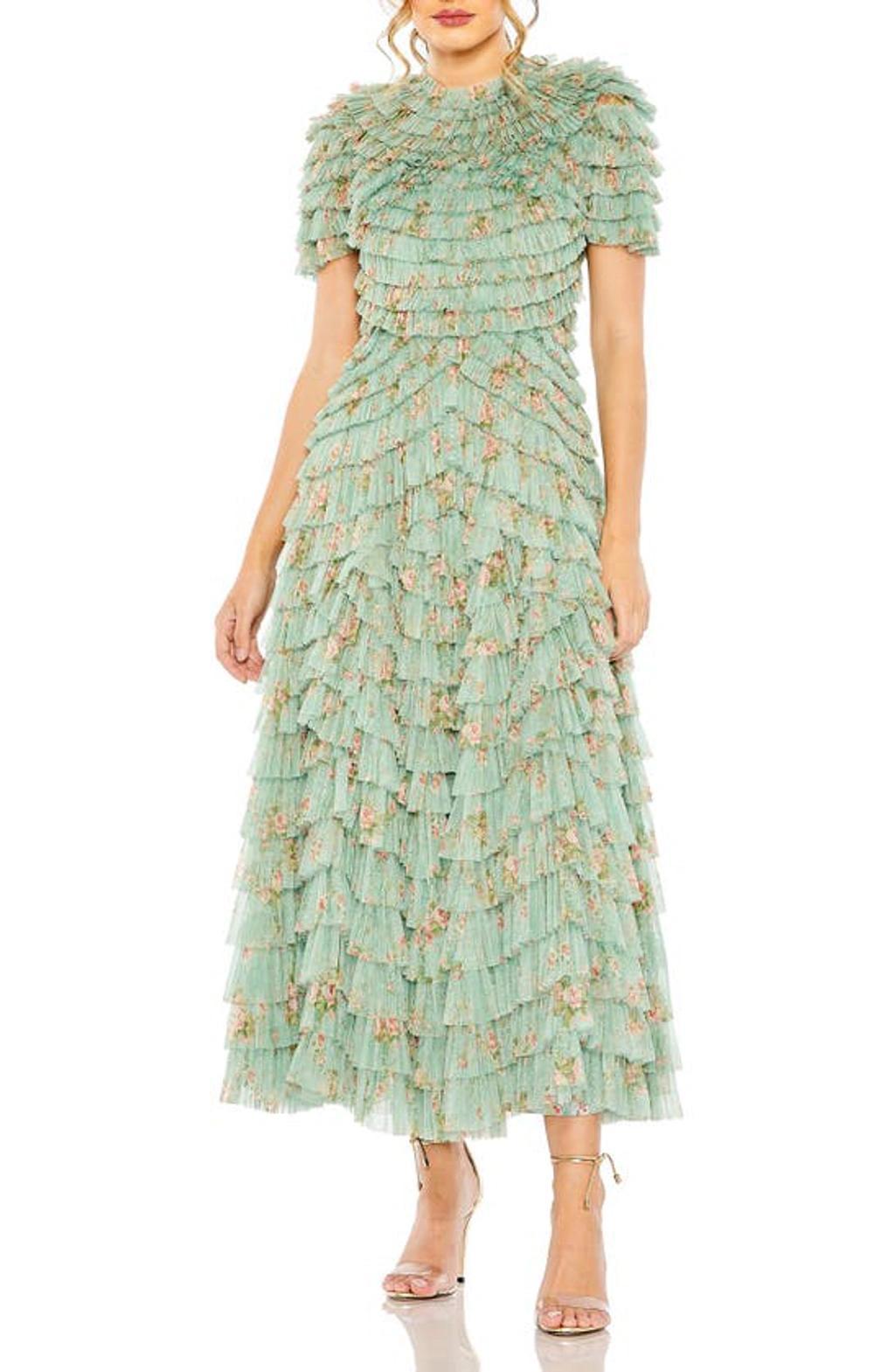 Ruffle Tiered Short Sleeve A Line Dress In Sage Multi Product Image