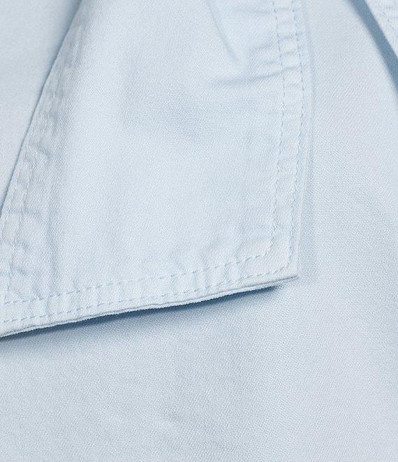 A Loves A Tinted Denim Mock Bow Tie Neck 3/4#double; Puffed Balloon Sleeve Pleated Button Shoulder Tulip Hem Top Product Image