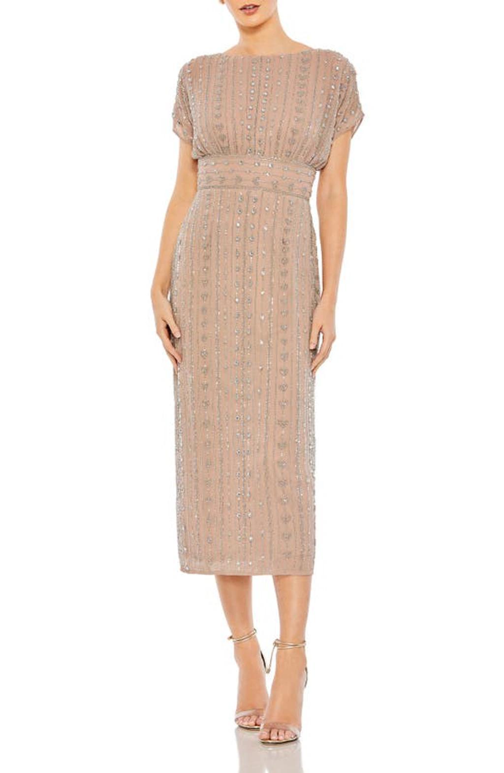 Beaded Empire Waist Column Midi Cocktail Dress In Dark Mocha Product Image