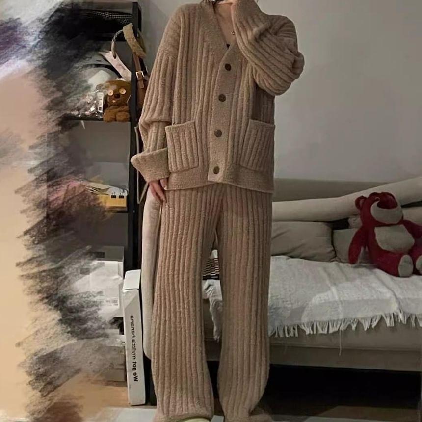 Pajama Set: Button-Up Plain Jacket + Pants Product Image