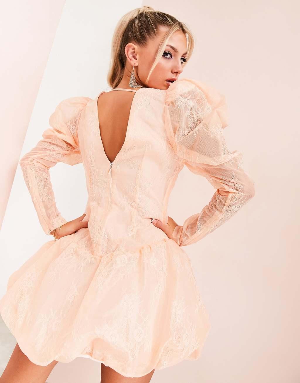 ASOS LUXE lace bubble hem mini dress with puff sleeves Product Image