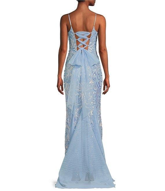 B. Darlin Sequin Pattern Spaghetti Strap Scoop Neck Lace-Up-Back Dress Product Image