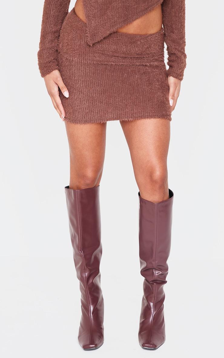 Chocolate Fluffy Fold Over Mini Skirt Product Image