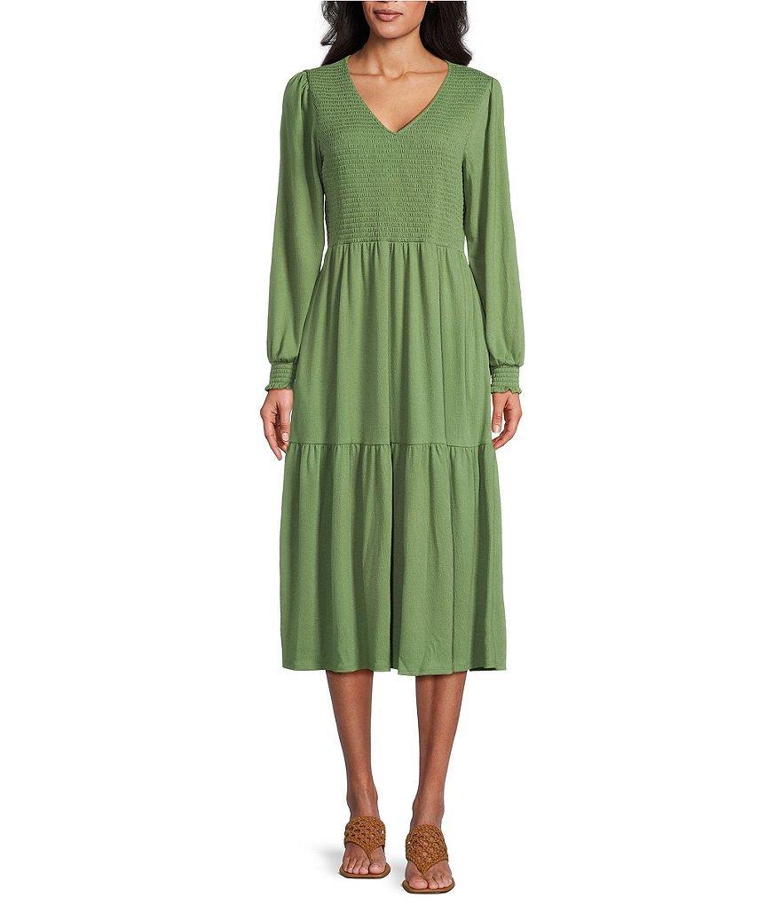 Nurture by Westbound Long Sleeve Smocked Bodice Midi Dress Product Image
