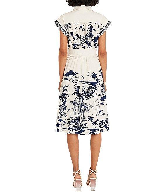 Maggy London Printed Stretch Cotton Poplin Collared Neck Short Sleeve Midi Dress Product Image