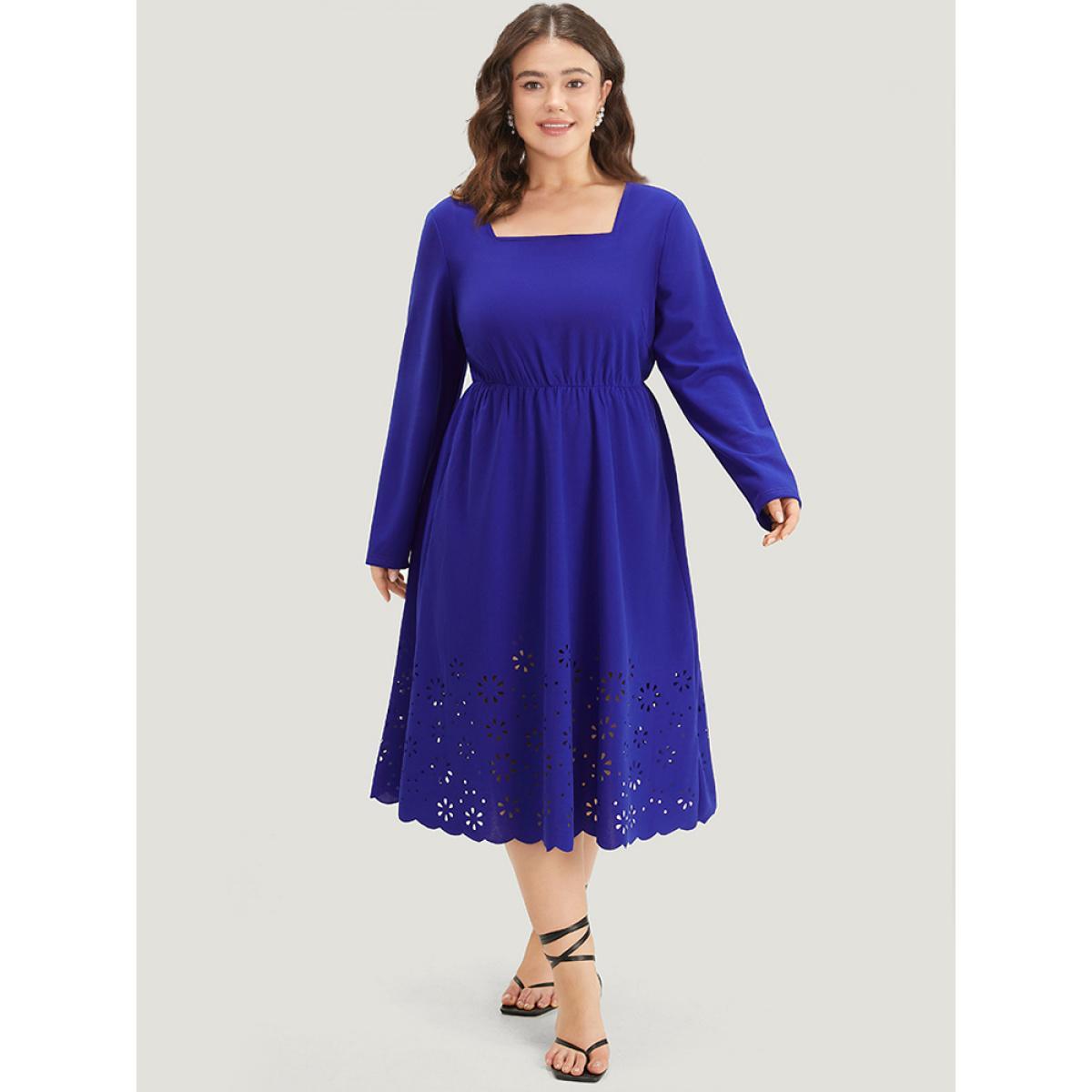 Plus Size Plain Laser Cut Gathered Square Neck Dress DarkBlue Women Elegant Plain Square Neck Long Sleeve Curvy Midi Dress BloomChic 22-24/3X Product Image