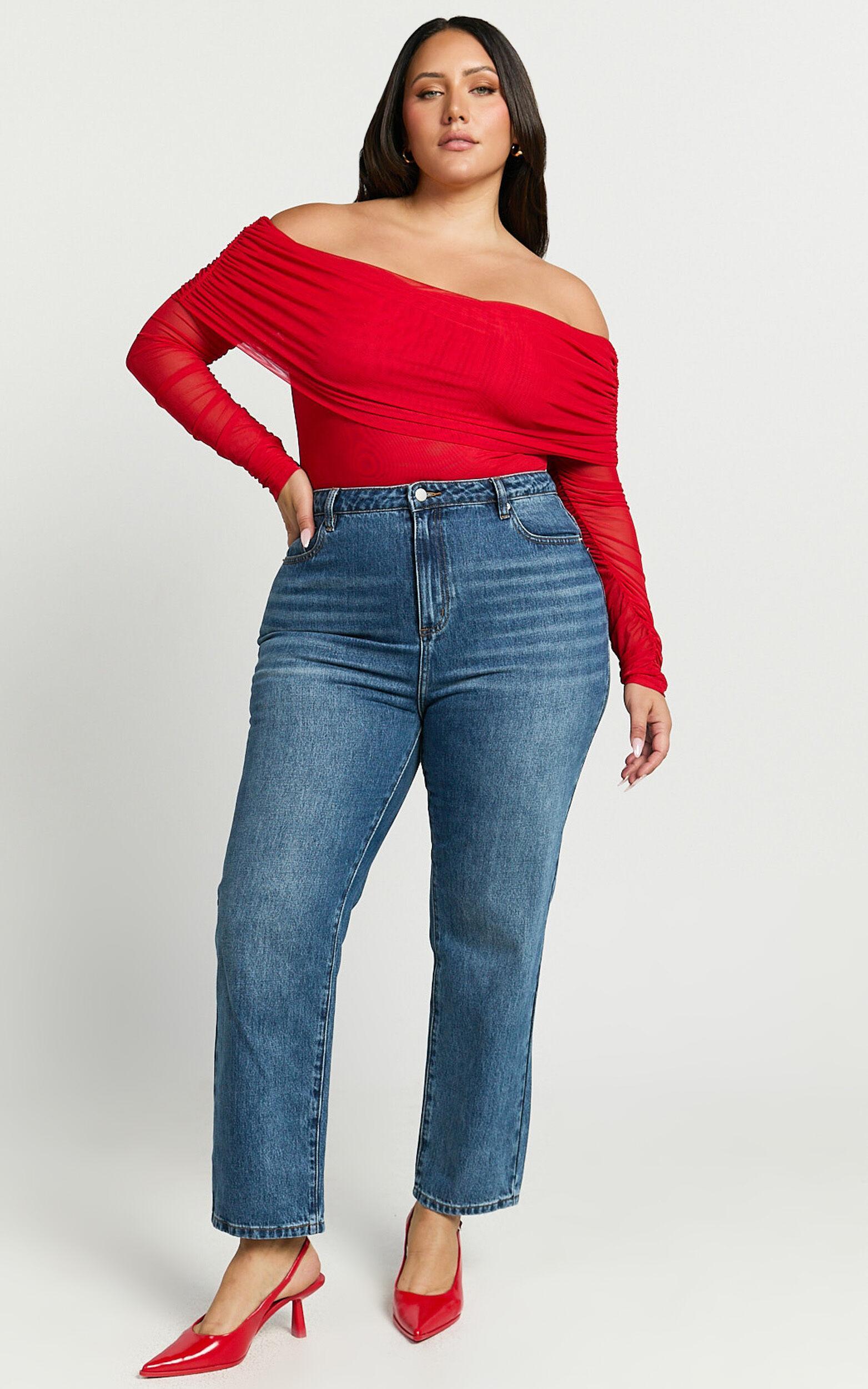 Jaythen Bodysuit - Long Sleeve Off Shoulder Ruched Mesh Bodysuit in Red Product Image
