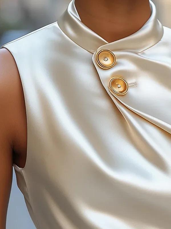 Sleeveless Buttoned Solid Color Stand Collar Tank Top Product Image