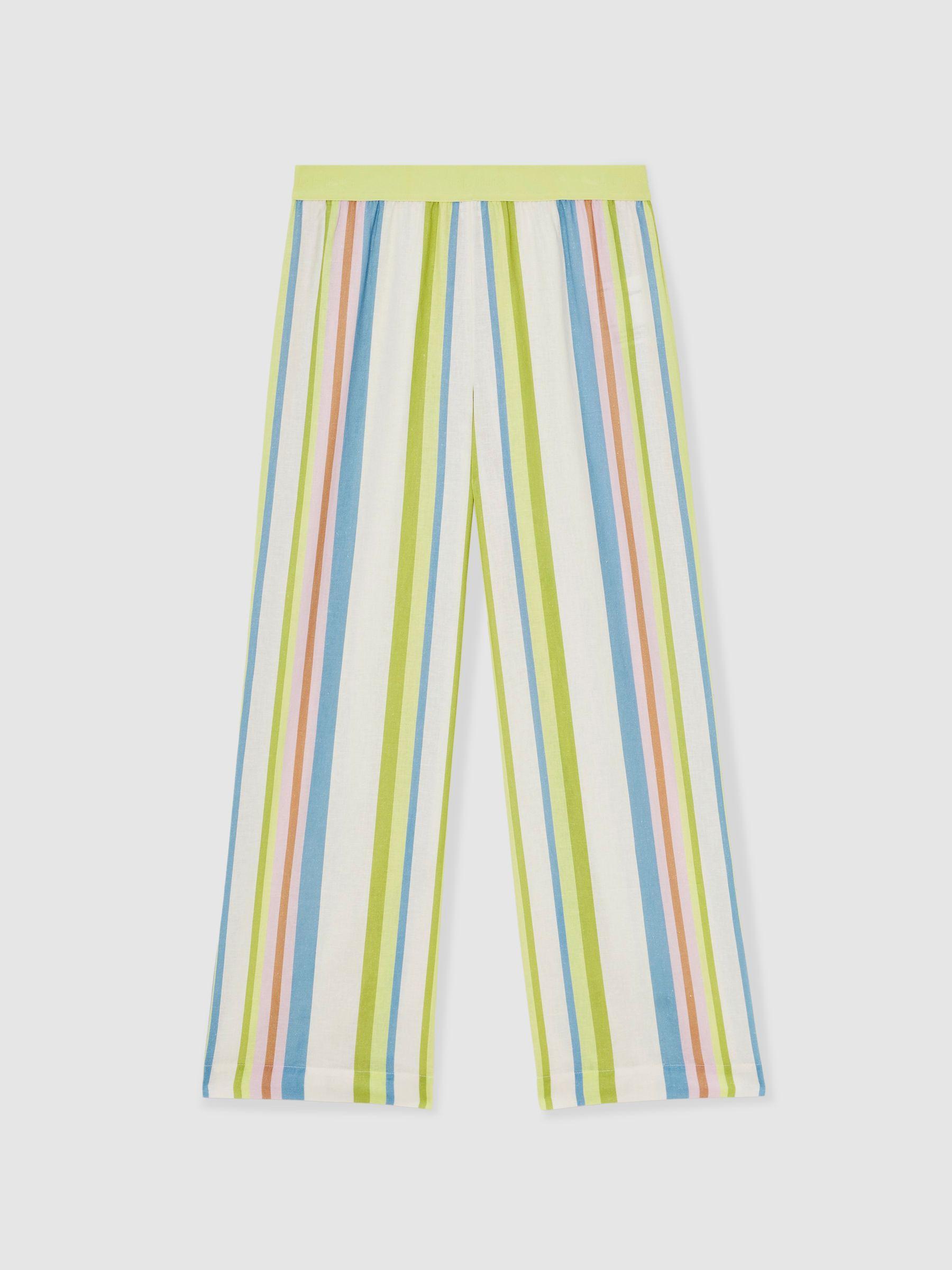 Linen-Blend Stripe Trousers in Green/Blue Product Image