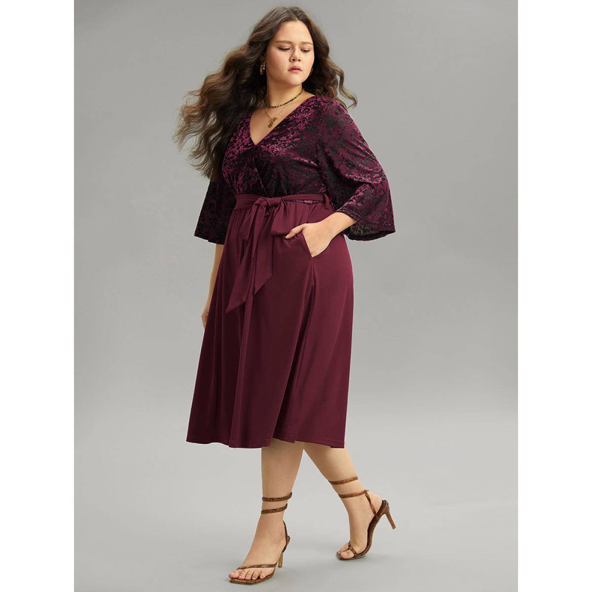 Plus Size Silhouette Floral Print Belted Patchwork Velvet Dress Burgundy Women Vacation Wrap Overlap Collar Elbow-length sleeve Curvy Midi Dress BloomChic 30/6X Product Image