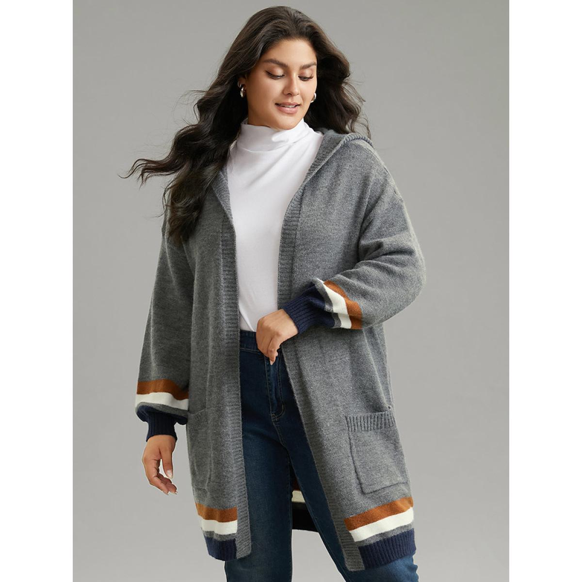 Plus Size Supersoft Essentials Striped Contrast Pocket Hooded Cardigan DimGray Women Casual Loose Long Sleeve Dailywear Cardigans BloomChic 22-24/3X Product Image
