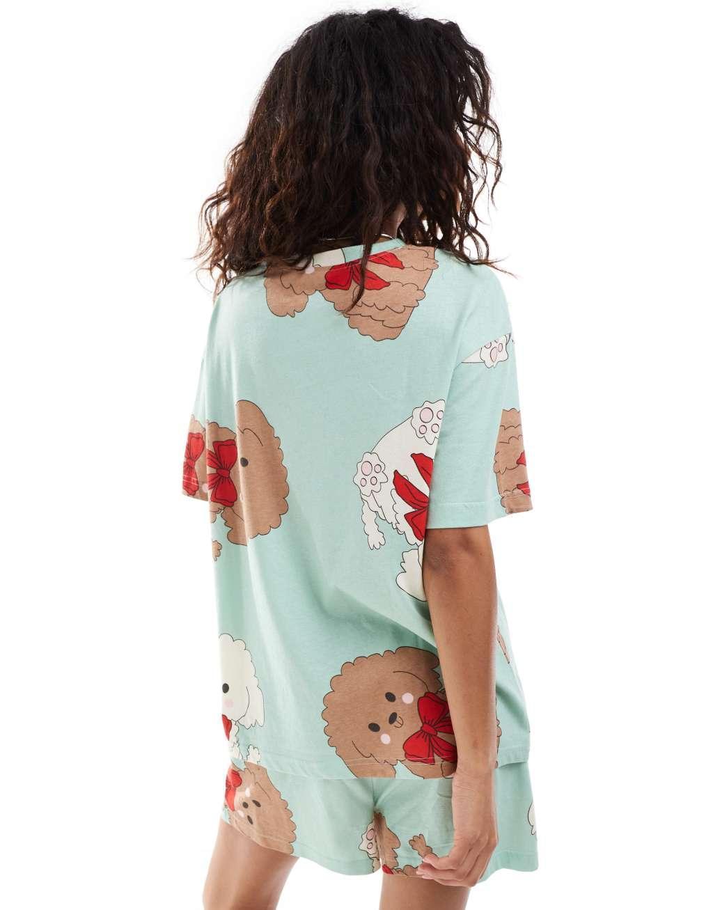 ASOS DESIGN dog and bow oversized tee & short pajama set in green Product Image