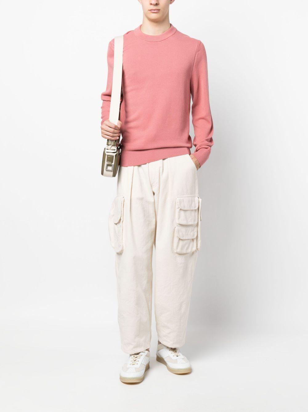 Crew-neck Sweater In Structured Cotton With Stripe Details In Light Pink Product Image