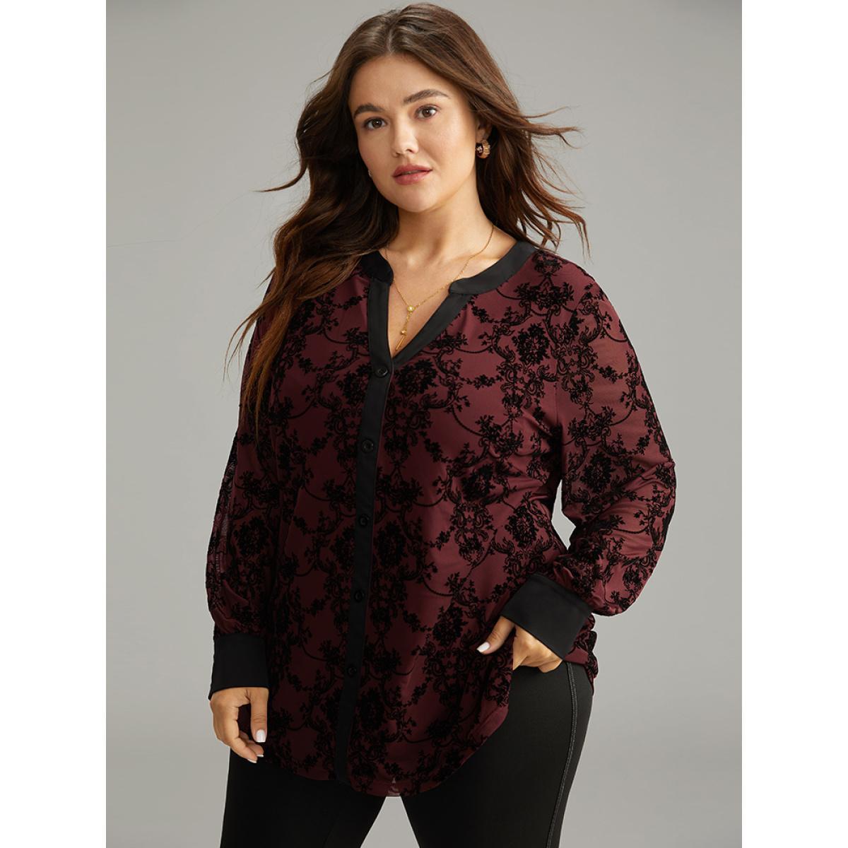 Plus Size DarkGreen Floral Print Mesh V Neck Blouse Women Elegant Long Sleeve V-neck Dailywear Blouses BloomChic 18-20/2X Product Image