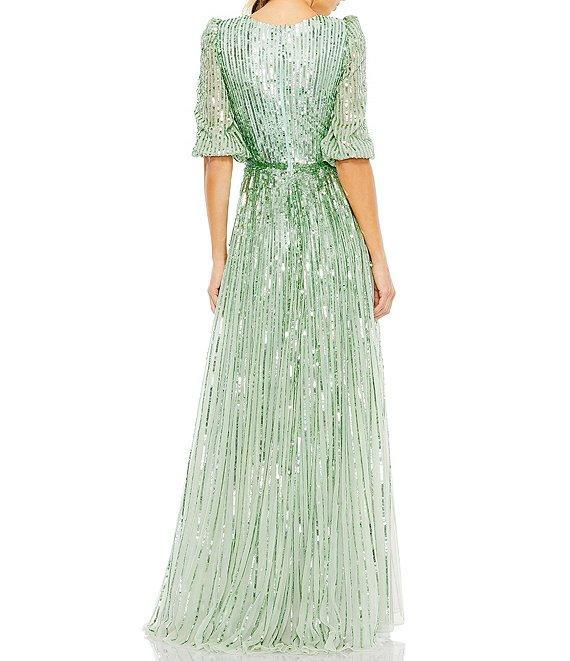 Mac Duggal Sequin Surplice V-Neck 3/4 Sleeve Embellished A-Line Gown Product Image