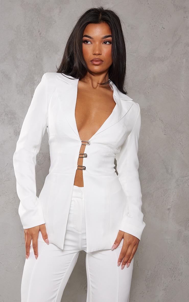 White Fitted Lace Up Back Blazer Product Image