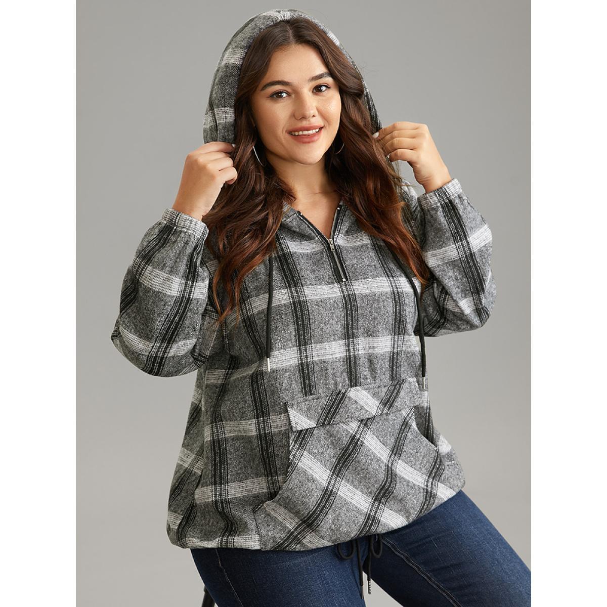Plus Size Plaid Half Zip Pocket Hooded Sweatshirt Women DimGray Casual Elastic cuffs Hooded Everyday Sweatshirts BloomChic 14-16/1X Product Image