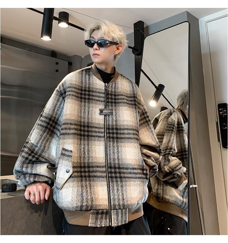 Drop-Shoulder Plaid Zip Jacket Product Image