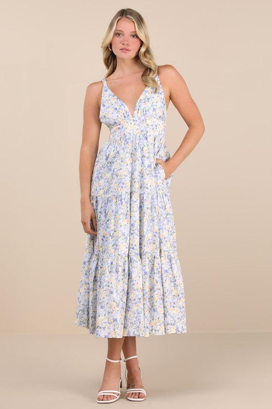 Brightly Blossoming Light Blue Floral Tiered Midi Dress Product Image