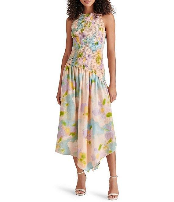 Steve Madden Dresses Mareena Woven Floral Print Crew Neck Sleeveless Smocked Drop Waist Midi Dress Product Image