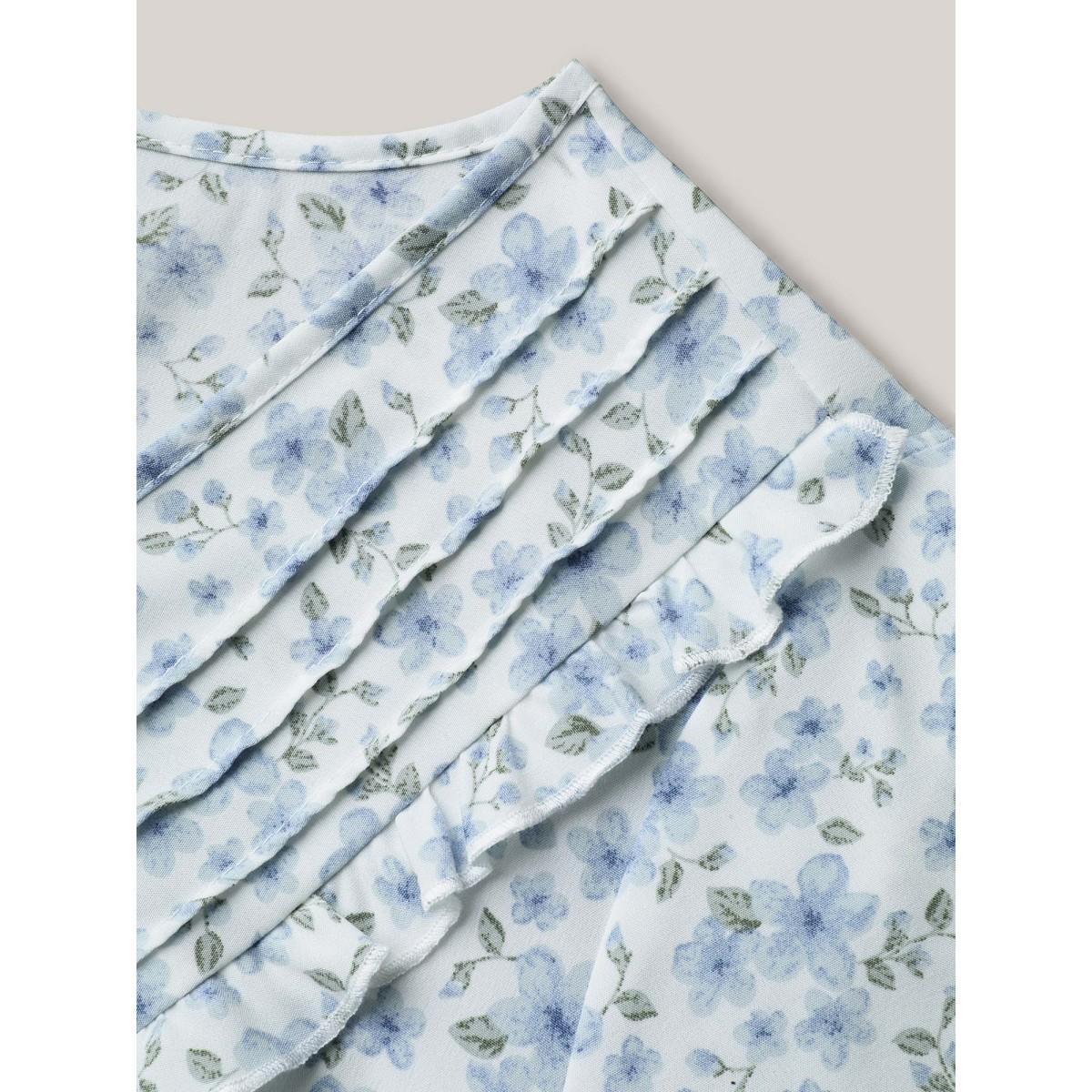 Plus Size LightBlue Floral Ruffled Pintucks Flared Sleeve Shirt Women Elegant Short sleeve V-neck Everyday Blouses BloomChic 18-20/2X Product Image