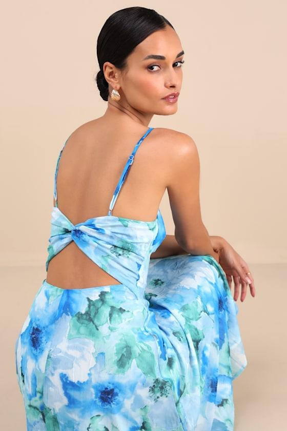 Radiant Feelings Blue and Green Floral Chiffon Midi Dress Product Image