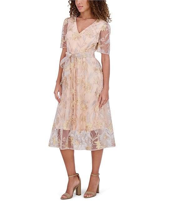 Kensie Embroidered Lace Mesh V-Neck Short Sleeve Self Tie Belt A-Line Midi Dress Product Image