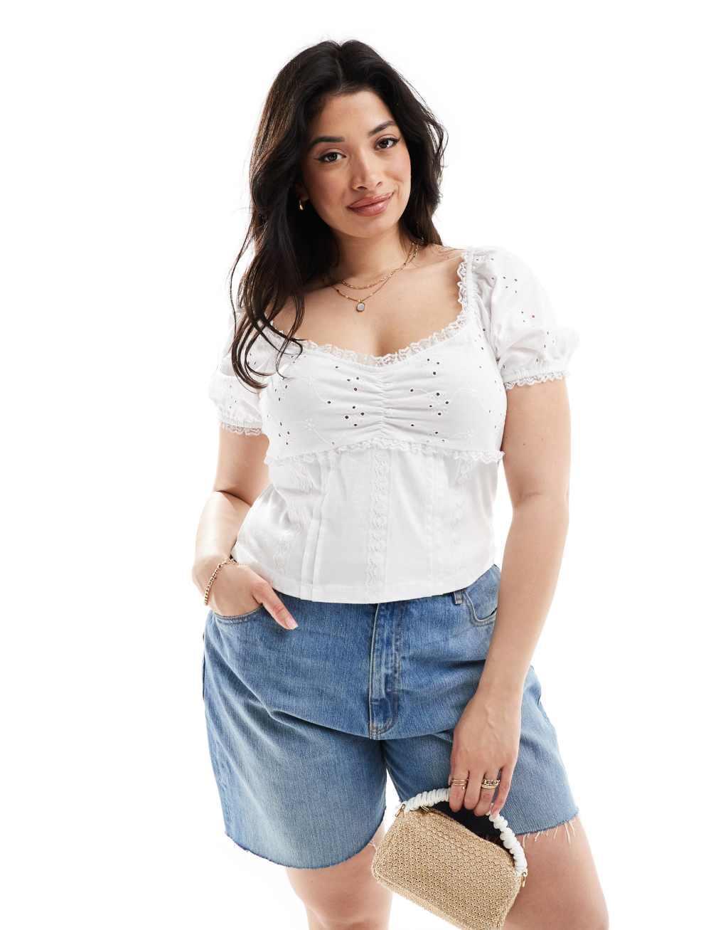 ASOS DESIGN Curve puff sleeve eyelet milkmaid top in white Product Image