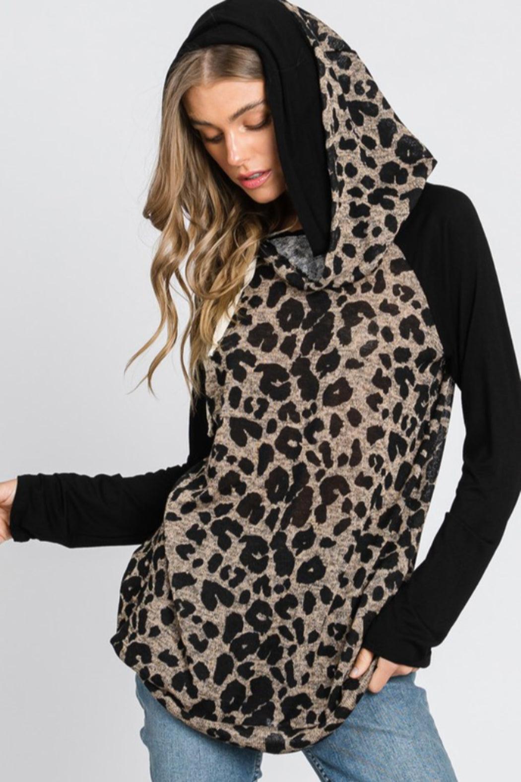 Leopard Print Color Block Hoodie Product Image