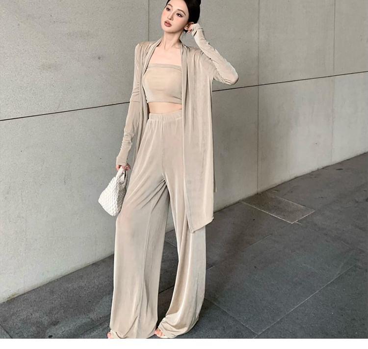 Set: Plain Crop Tube Top + Mid Rise Plain Wide Leg Sweatpants + Long Cardigan Product Image