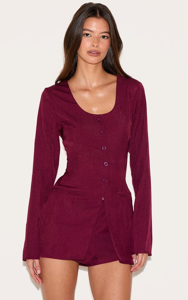 Burgundy Tailored Button Down Scoop Neck Romper Product Image