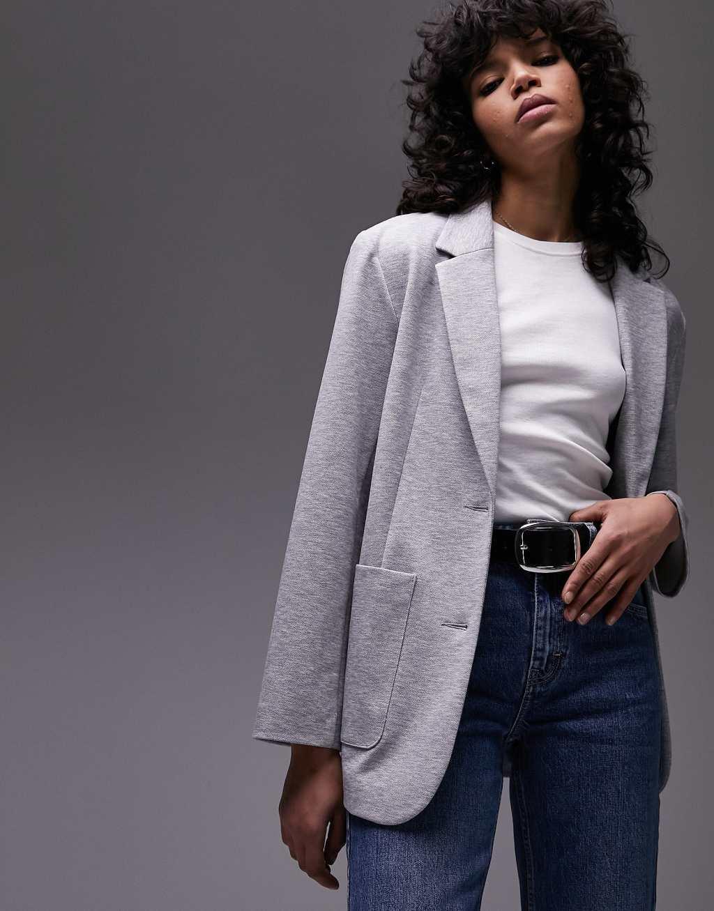 Topshop premium jersey straight blazer in heather gray  Product Image